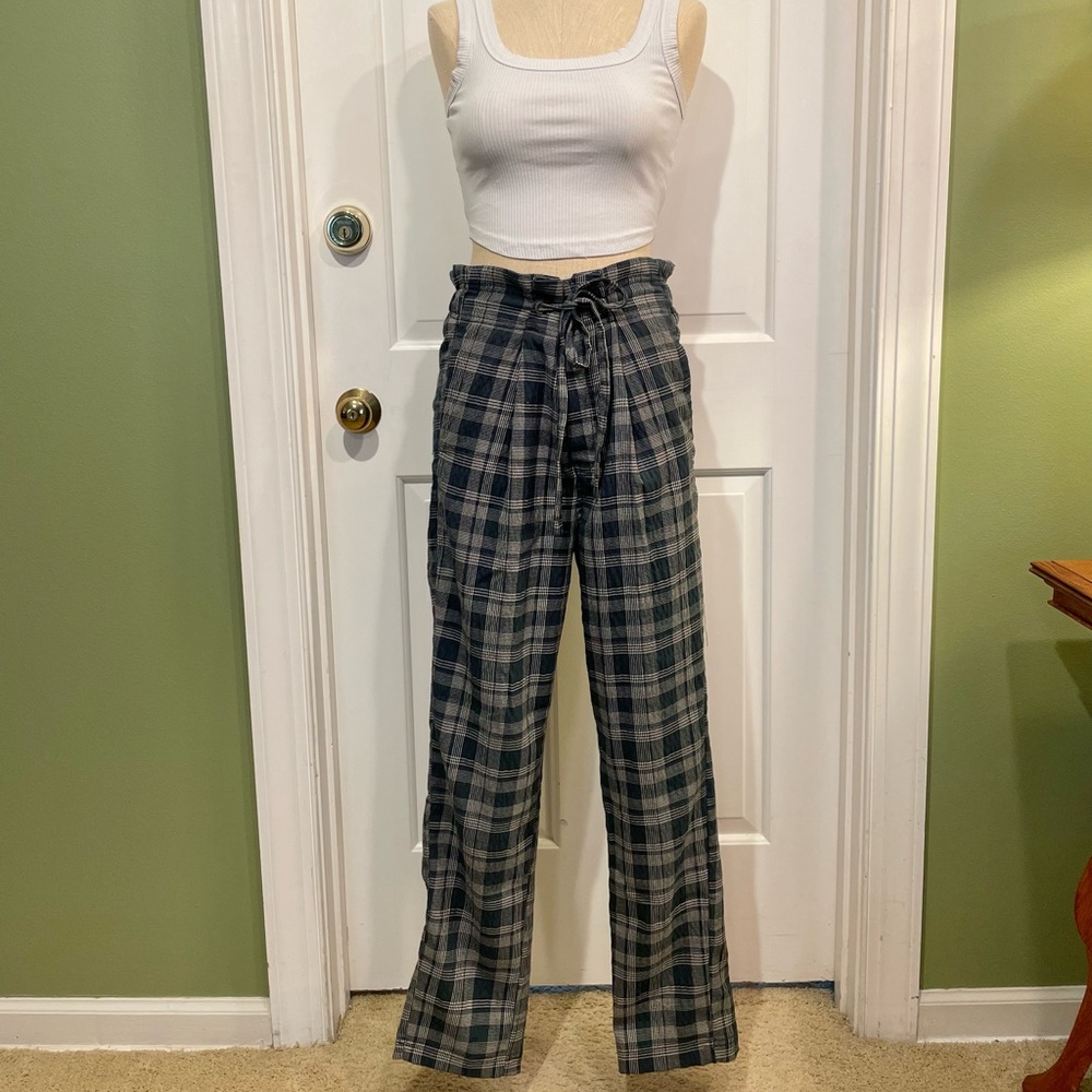 Green Plaid Free People Paper Bag Waist Trousers